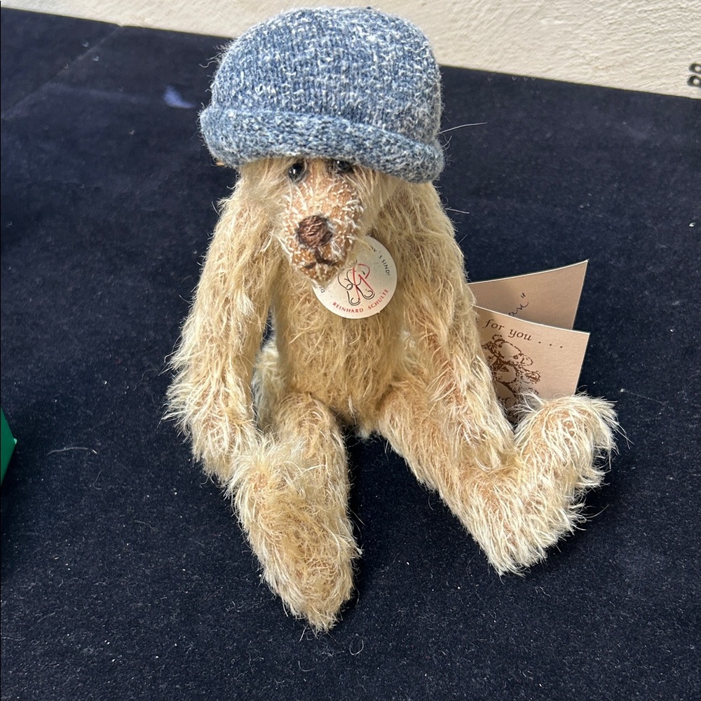 Charming mohair Plush Bear with Blue Hat